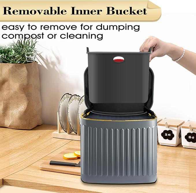 GloDeals Compost Bin, Detachable and Countertop Bin, 4 Liter / 1.06 Gallon, Stainless Steel Small Trash Can with Lid, Kitchen Compost Bin Under Sink Cabinet Hanging Trash Can for Kitchen(Dark Grey)