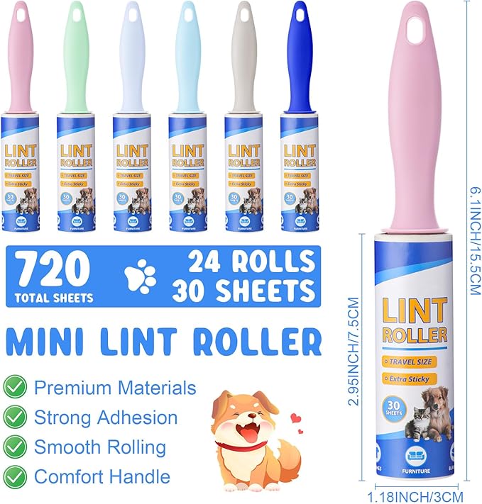 Hushee 24 Pack Bulk Mini Lint Roller for Travel 720 Sheets 6'' Small Lint Removers Portable Lint Roller Travel Size Removers Sticky Removing Tool for Pet Hair Clothes Furniture Car Seat