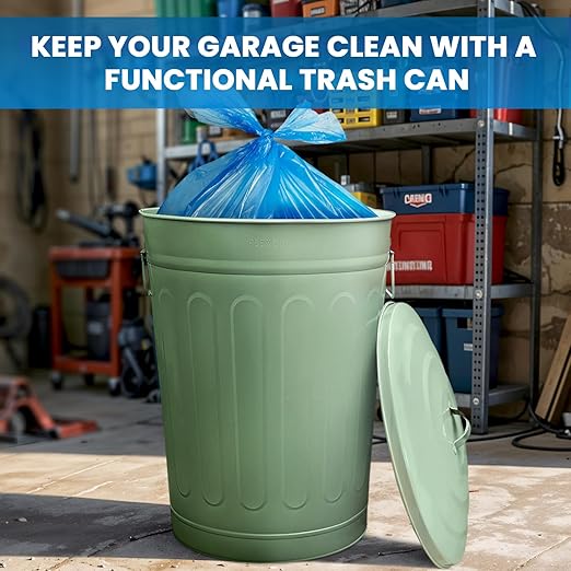 Plexon Round Trash Can 13 Gallon, Vintage Metal Outdoor Trash Can with Lid, Retro Farmhouse Garbage Container, Old School Modern Ash Bucket, Green 2 Pack