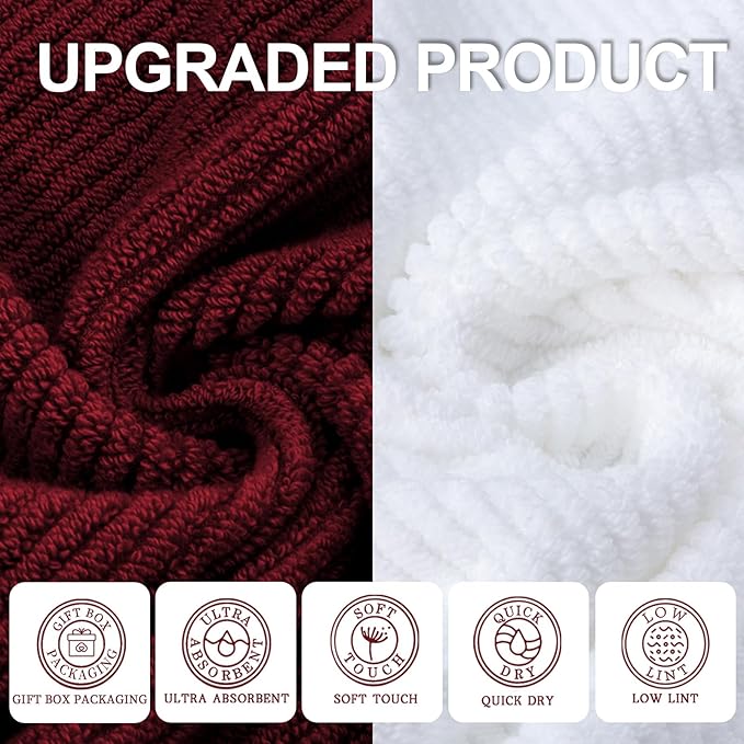 VOOVA & MOVAS Towels Bathroom Set - 100% Cotton | Quick Dry | Soft | Thick, Towel Set of 6, 2 Large Bath 30"x56", 2 Hand 18"x28", 2 Wash Cloths 13"x13", Bathroom Essentials, Burgundy Red and White
