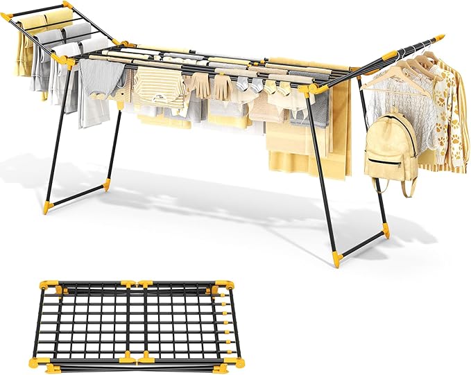 APEXCHASER Clothes Drying Rack Foldable, Large Drying Rack Clothing Retractable, Metal Clothes Airer for Bedding Towel Sweater Heavy Duty, Indoor Outdoor Use, 21.9"W x 100"L x 39"H, No Assembly,Yellow