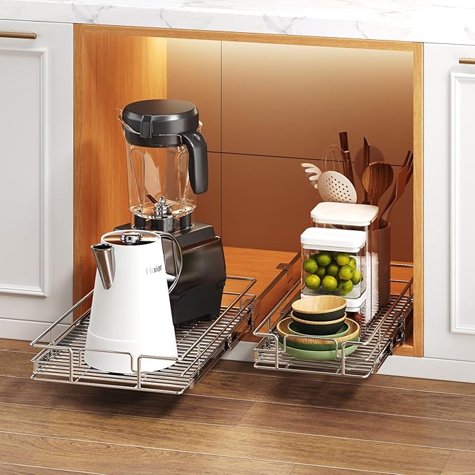 Pull Out Cabinet Organizer 13½" W x 18" D, Heavy Duty Cabinet Pull Out Shelves, Slide Out Drawers Organization for Kitchen Cabinets Bathroom