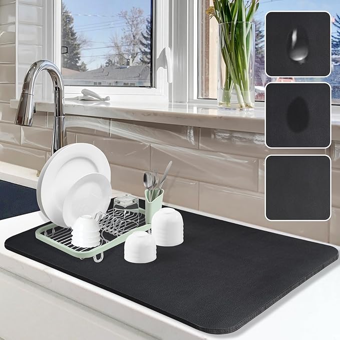 Dish Drying Mat for Kitchen Counter, 16"x24" Dish Drying Pad with Non-slip Rubber Backed, Hide Stain Anti Absorbent for Kitchen Counter, Drying Mat for Coffee Machine Dish Rack (Black)