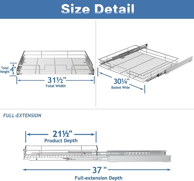 Pull Out Cabinet Organizer 31½" W x 21½" D, Heavy Duty Cabinet Pull Out Shelves, Slide Out Drawers Organization for Kitchen Cabinets Bathroom
