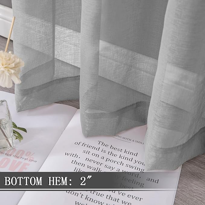 Tollpiz Short Sheer Curtain Linen Textured Living Room Curtains Sheer Light Filtering Rod Pocket Voile Curtain for Bedroom, 42 x 54 inches Long, Silver Grey, Set of 2 Panels