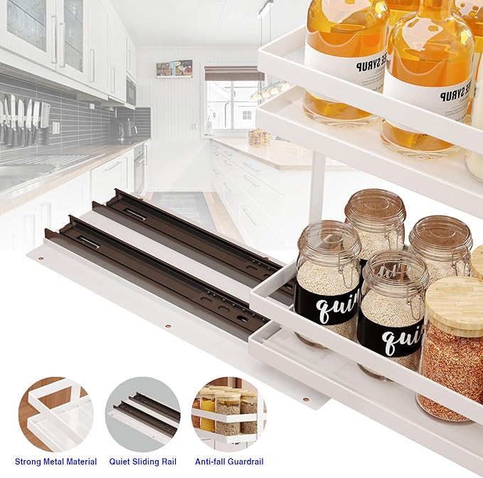 Pull Out Spice Rack Organizer for Cabinet, 2 Tier Metal Slide Out Seasoning Organizer and Storage Heavy Duty Vertical Spice Rack Shelf Pullout for Kitchen Cabinets No Drilling(1 Pack, White)