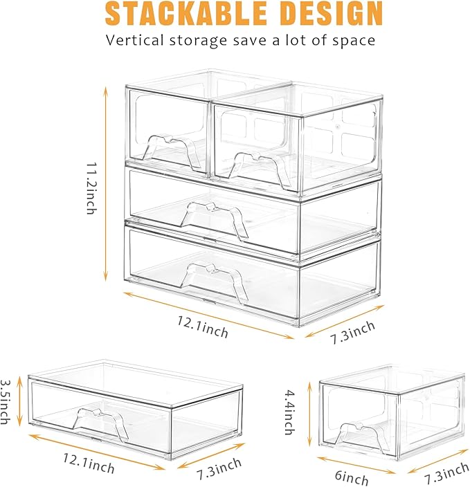 4 Pack Stackable Storage Drawers Clear Acrylic Organizer Bathroom Makeup Organizer and Storage for Beauty Supplies,Ideal for Vanity, Bathroom,Cabinet,Pantry Organization