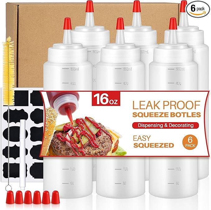 Squeeze Bottles, 16oz Leak-Proof Wide Mouth Condiment Squeeze Bottles for Liquids Sauces Ketchup Oil, 6 Pack