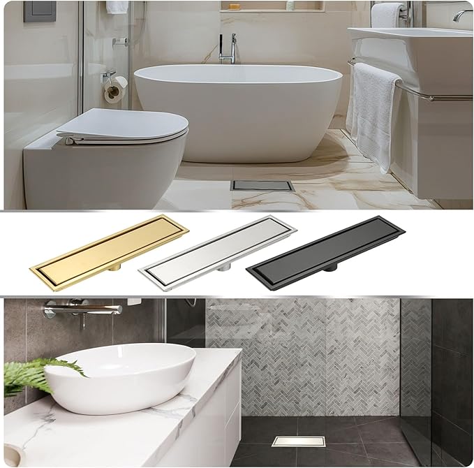 uxcell Rectangular Shower Drain, Brushed 304 Stainless Steel Odor-Proof Floor Drain Linear Shower Drain Hair Catcher for Bathroom Kitchen and Laundry Room(8 Inch, Brushed Silver)