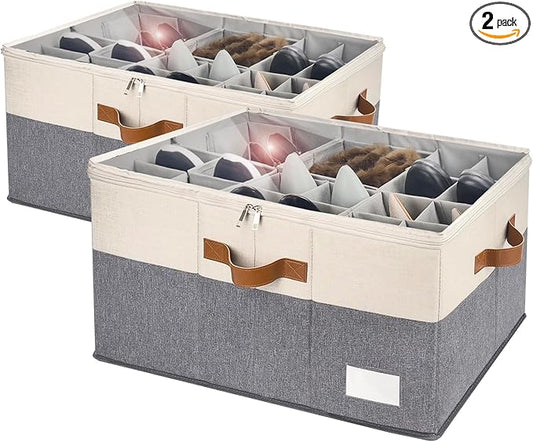 Shoe Organizer for Closet, Foldable Shoe Storage Bins with Clear Cover, Space Saving Shoes Holder with 4 Handles, Large Adjustable Shoe Box Storage Containers, Fits 12-24 Pairs, 2 Pack, Beige