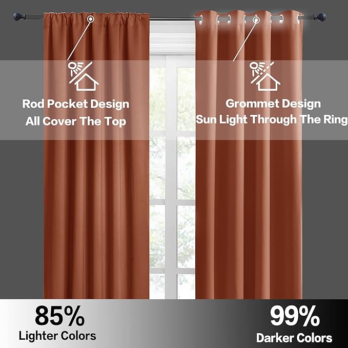 RYB HOME Room Darkening Curtains 54 inches Length, Blackout Window Curtains Drapes Energy Efficient Covering for Bedroom Dorm Glass Door, W 42 x L 54 inch, 2 Panels, Burnt Orange