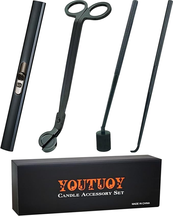 4 in1 Candle Accessory Set with Rechargeable Candle Lighter, Candle Wick Trimmer, Candle Wick Snuffer, Candle Wick Dipper, Candle Care Kit (Matte Black)