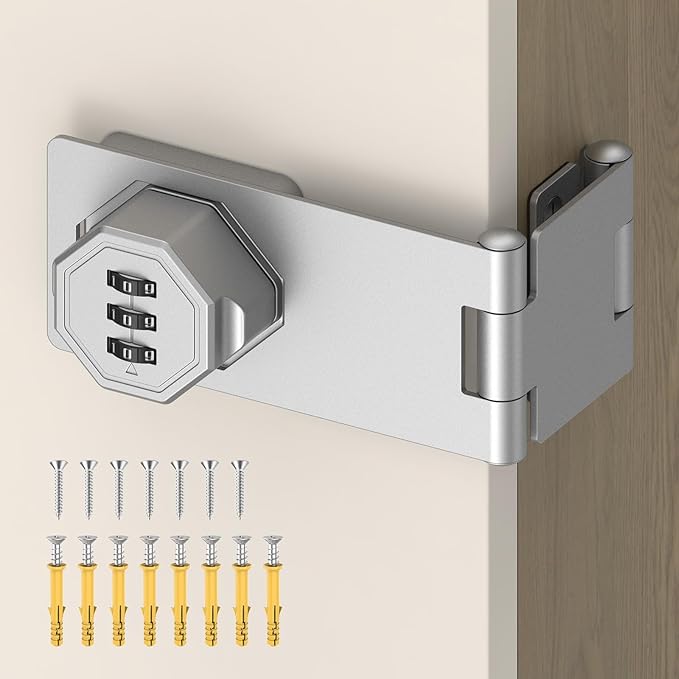 90 Degree 3-Digit Combination Cabinet Lock, Zinc Alloy Keyless Folding Hasp Lock Latch, Password Security Rotary Door Latch for Office File Cabinet, Drawer, Locker, Cupboard (1, Silver)