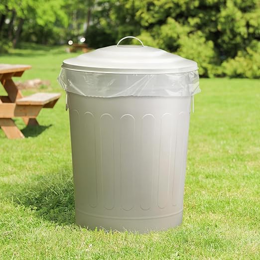 Plexon Round Trash Can 13 Gallon, Vintage Metal Outdoor Trash Can with Lid, Retro Farmhouse Garbage Container, Old School Modern Ash Bucket, Beige 3 Pack