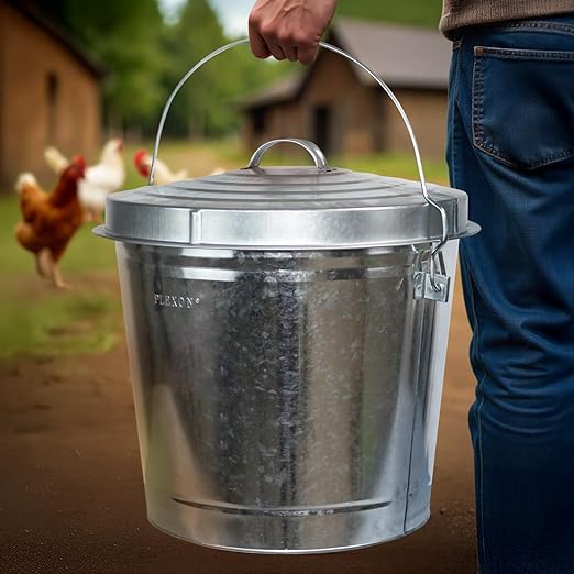 Plexon 10 Gallon Trash Can with Locking Lid Galvanized Metal Bucket for Poultry Feed Bird Seed Storage Ash Outside Garbage Can with Lid, 3 Pack