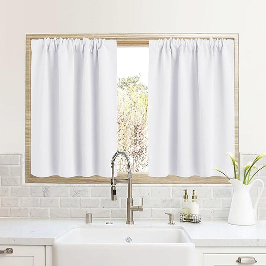 RYB HOME RV Camper Door Window Curtains -Blackout Privacy Curtains & Drapes for Bathroom Bedroom Kitchen Portable Travel Trailer Small Window Decor, W 34 x L 24, Pure White, 2 Panels