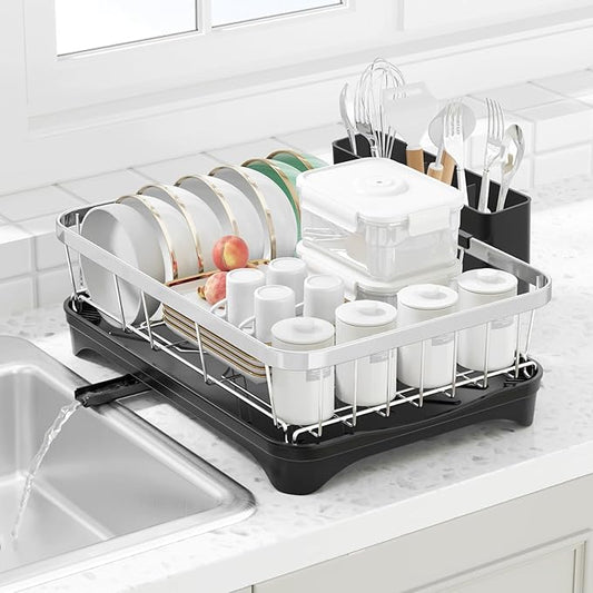 Dish Drying Rack 304 Stainless Steel Dish Rack with Drainboard,Space Spaving Auto-Draining Drying Racks for Kitchen Counter,Large Capacity Dish Racks for Bowls, Cups, Dish Drainer Black