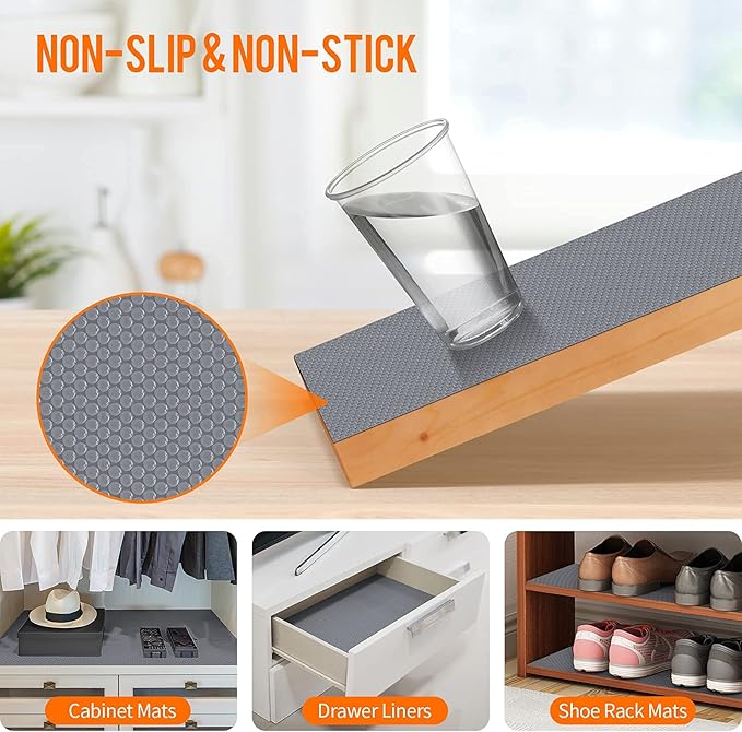 Shelf Liners for Kitchen Cabinets Non-Adhesive, Drawer Mats Liner for Bathroom, Plastic Pantry Shelf Liner Non Slip, Waterproof Washable Cabinet Protector Liners for Shelves, Cupboard Liner Gray
