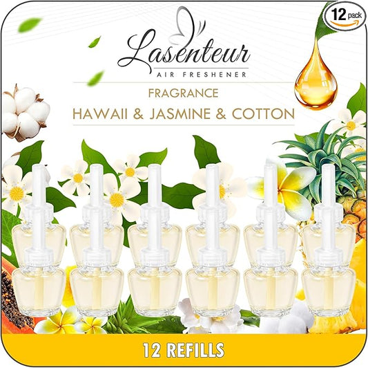 PlugIns Refills Air Freshener, Scented and Essential Oils for Home and Bathroom, Hawaiian, Jasmine, Cotton, Indoor Home Use, 12 Count, Compatible with Airwick, Compatible with Glade