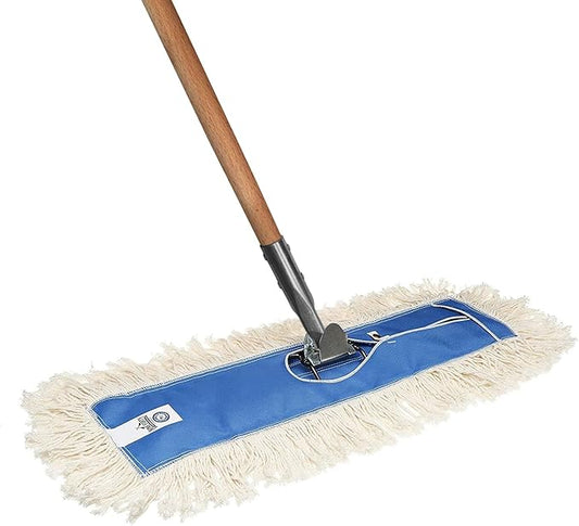 Nine Forty 24" Premium Cotton Dust Mop Kit - Heavy Duty Mop Head with Wood Handle for Industrial, Commercial, and Residential Cleaning - Dry Floor Duster for Hardwood Surfaces - White