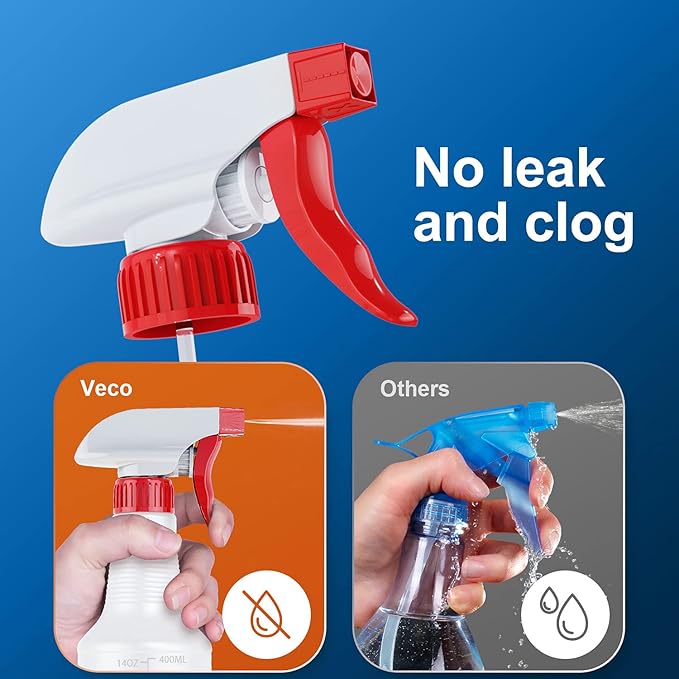 Veco Spray Bottle (5 Pack,16 Oz) with Measurements and Adjustable Nozzle(Mist & Stream Mode), HDPE Plastic Spray Bottles for Cleaning Solution, Household/Commercial/Industrial Use, No Leak and Clog