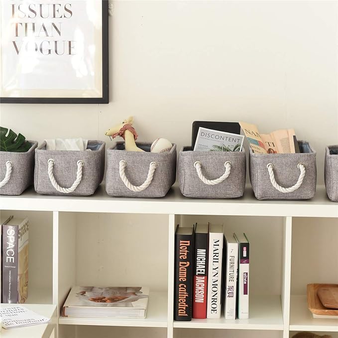 TcaFmac Basket for Organizing Cube Stgorage Bin - Small 6 Pack Fabric Storage Cubes Collapsible Baskets for Shelves with Rope, Bins for Organization Toy(Grey 12x8x5.2 inch)