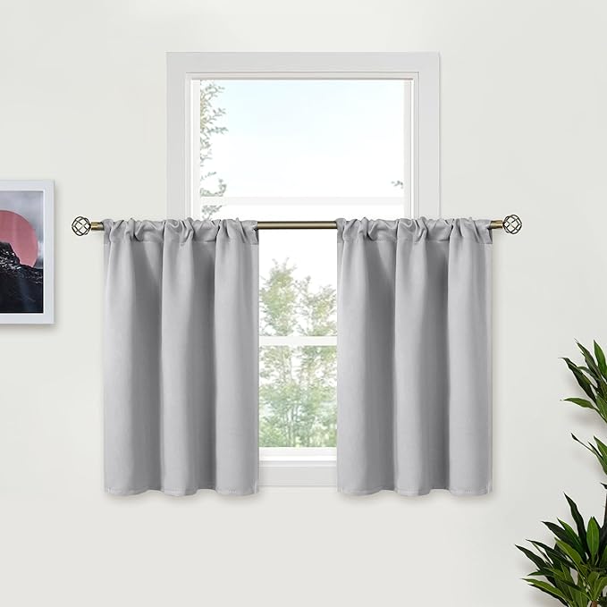 BGment Small Window Curtains 30 Inches Length for Kitchen Over Sink - Rod Pocket Short Drapes for Cafe Bathroom Basement RV Camper Privacy Decorative, Light Grey, 2 Panels, 29 x 30 Inch