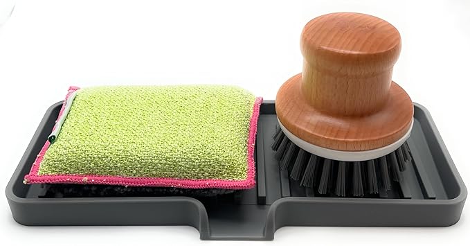Happitasa Silicone Soap Dish Tray and Sponge Holder with Drain Chute | Bathroom and Kitchen Sink Organizer Caddy (Grey, 9"x3.5", 5.6 Ounces)