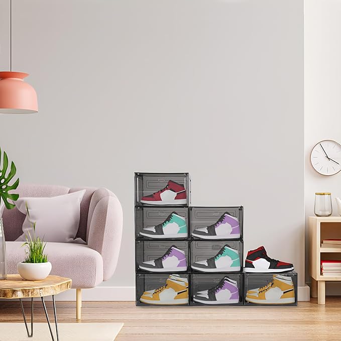 Large Shoe Boxes Clear Plastic Stackable, 8 Pack Drop Side Shoe Storage Boxes with Magnetic Door, Shoe Storage Organizer Sneaker Storage Display Fit up to US Size 13 Black