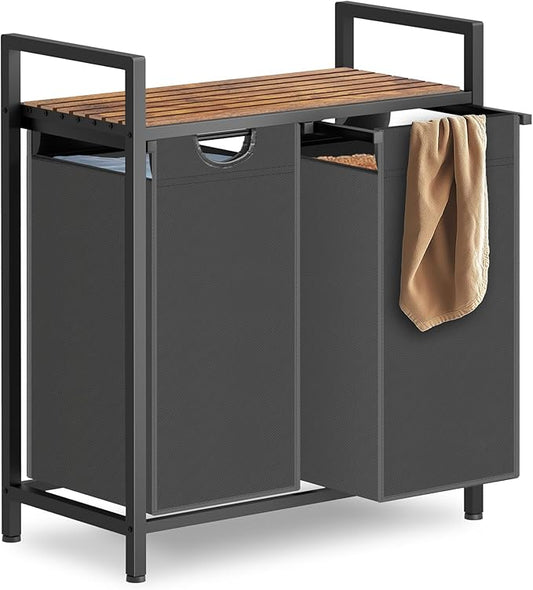 Laundry Hamper, Laundry Sorter with 2 Pull-Out Removable Oxford Fabric Bags Cloth Laundry Basket 2 x 10 Gallons (Grey and Rustic Brown)