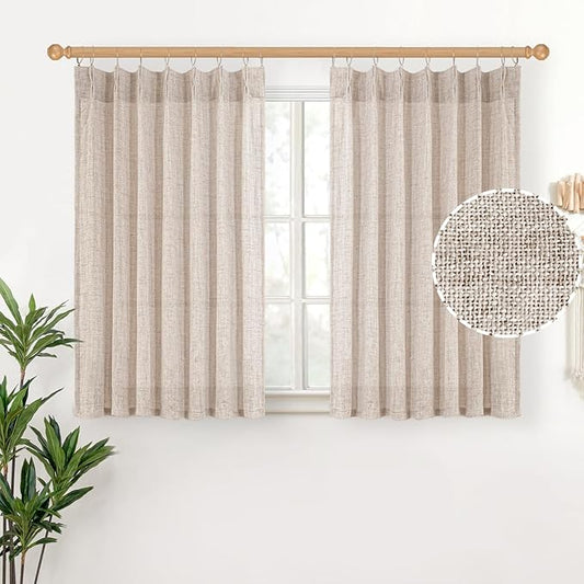 YoungsTex Short Natural Linen Curtains 45 Inch Length 2 Panels Pinch Pleated Light Filtering Textured Window Drapes for Bedroom Kitchen Cafe Privacy Back Tab, 40 X 45 Inch