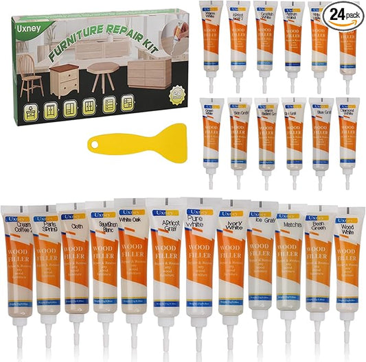Wood Furniture Repair Kit,24 Colors Wood Fillers,Scratch Repair Covers & Removers for Repairing Scratches,Cracks,Dings and Holes in Cabinets, Cut Panels(White Series)
