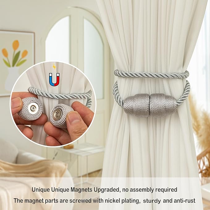 Magnetic Curtain Tiebacks - Rope Tiebacks for Curtains & Drapes, Decorative Window Holdbacks, Grey (2 Pack)