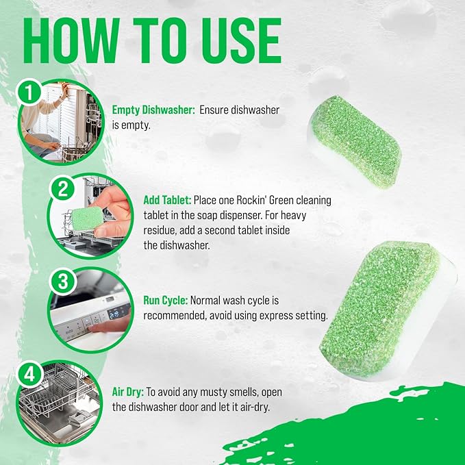 Rockin' Green Deep Cleaning and Deodorizing Tablets for Dishwashers, Washing Machines, and Garbage Disposals, Removes Odor and Residue (Dishwasher Cleaning Tablets, 24 Pack)