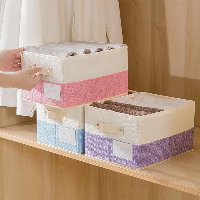 PRANDOM Fodable Storage Bins for Closet [3-pack] Decorative Fabric Storage Baskets Cubes with Leather/Metal Handles for Shelves Bedroom Living Room Blue&Cream (11.5x8.5x6.7 Inch)