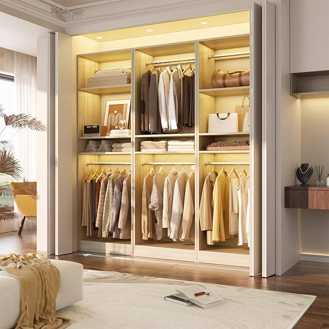 Unikito 25” Closet System, Freestanding Closets Organizer Wardrobe with Hanging Rods and Shelves, Adjustable Clothes Garment Racks, Sturdy Walk in Closet Tower, 25"W x 16"D x 80"H, White Oak