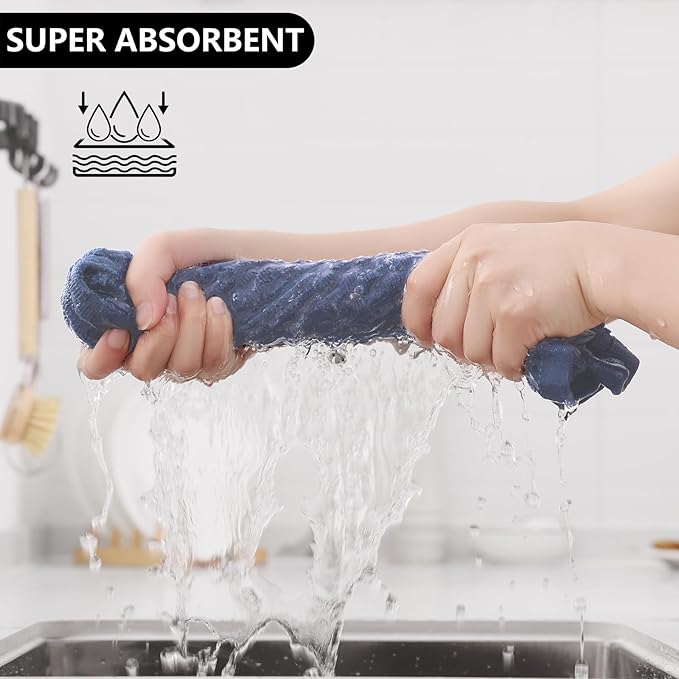 Fintale 100% Cotton Kitchen Towels and Dishcloths Set, 12 x 12 & 15 x 25 Inches, Set of 8 Bulk Super Soft and Absorbent Terry Cloth Dish Towels, Quick Drying Hand Towels with Hanging Loop, Navy Blue