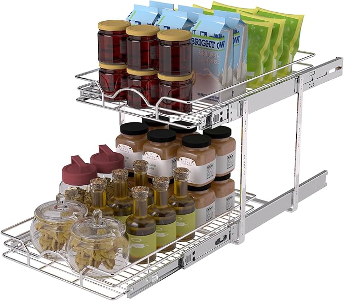 OCG 2 Tier Pull Out Cabinet Organizer (15.5" W x 18" D), Pull Out Drawers for Kitchen Cabinets, Pull Out Shelves for Base Cabinet Organization in Kitchen Bathroom Pantry, Chrome Finish