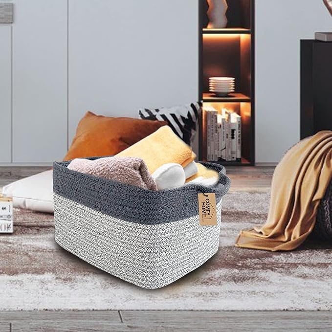 COMFY-HOMI 3Pack Cotton Rope Square Basket with Handles for Shelves|Dog Toy Storage Bin|Shoe Organizer - New 13.5" x 11" x 9.5" (Light Grey)