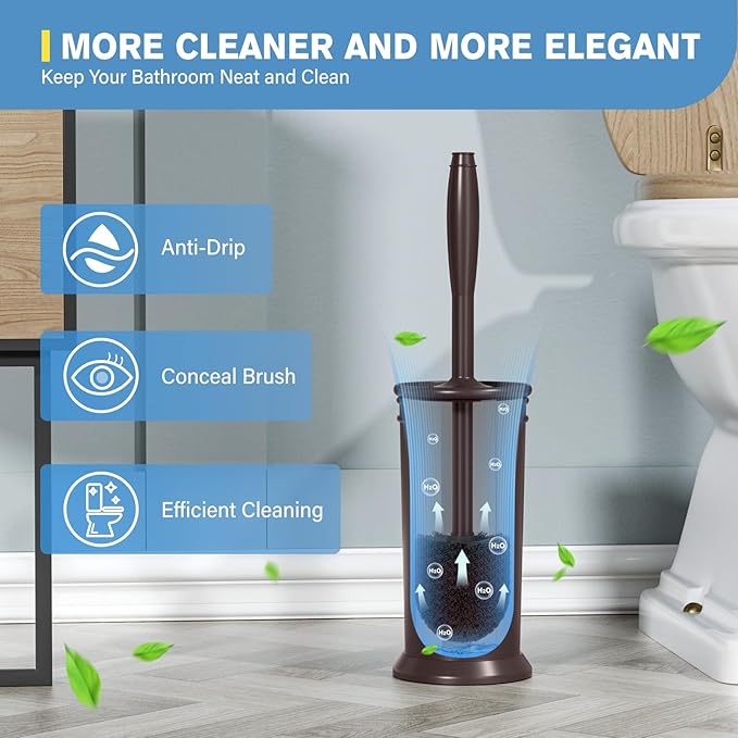 UPTRONIC Toilet Brush, Aluminum Alloy Toilet Brush and Holder Set with Extra Long Handle Durable Bristles Toilet Bowl Brush and Covered Holder for Toilet Scrubber for Bathroom Cleaning(Brown)