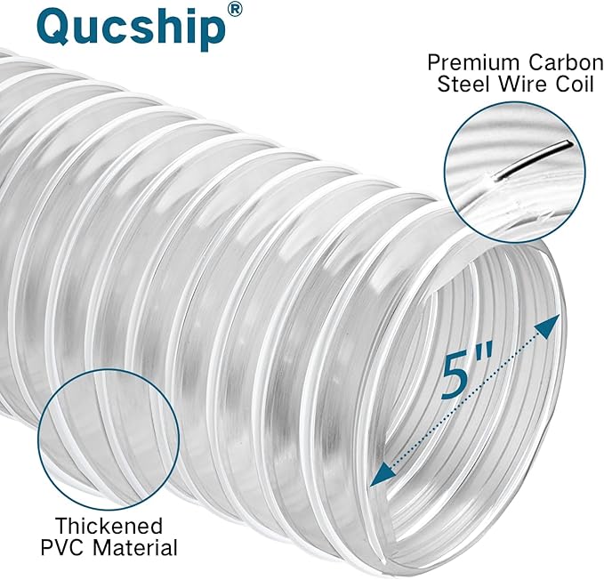 5" x 10' PVC Dust Collection Hose, Flexible Heavy PVC Fume Collection Hose with Carbon Steel Wire Coil, Puncture Resistant Clear PVC Fume Collection Hose for Dust Collectors