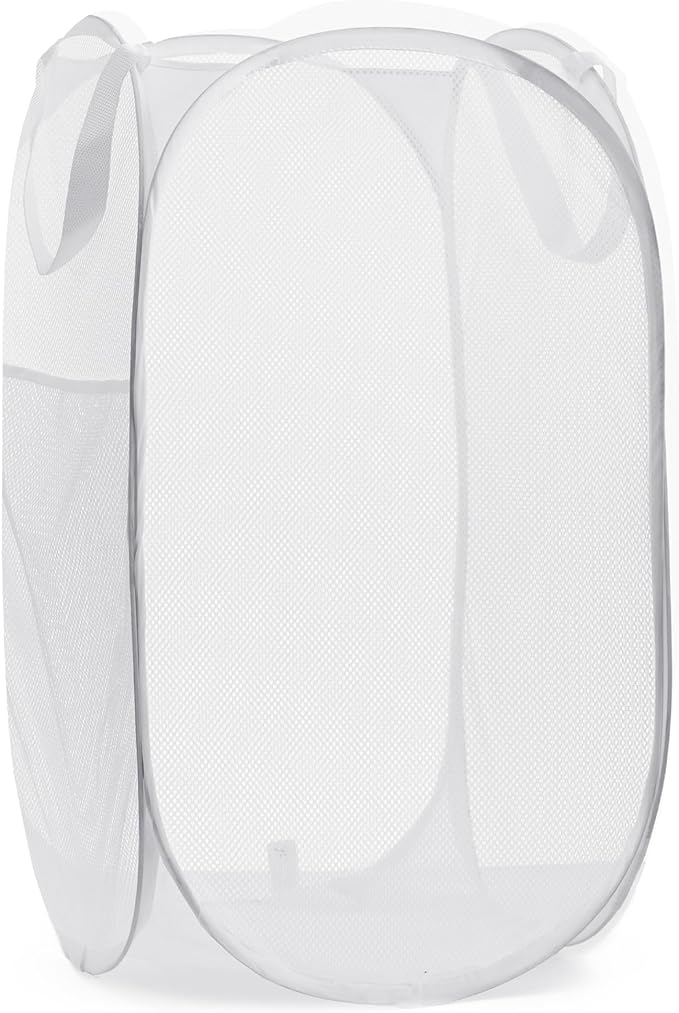 Handy Laundry Collapsible Mesh Pop Up Hamper with Wide Opening and Side Pocket - Breathable, Sturdy, Foldable, and Space-Saving Design for Clothes and Storage (White)