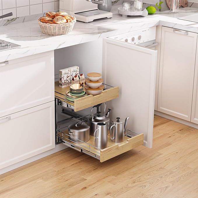 Pull Out Cabinet Organizer,Heavy-Duty Slide Out Shelf, Wood and Wire Basket, Pull Out Drawer for for Kitchen Under Sink Space, Pantry, Bathroom, 2 Tie 17 * 21 in