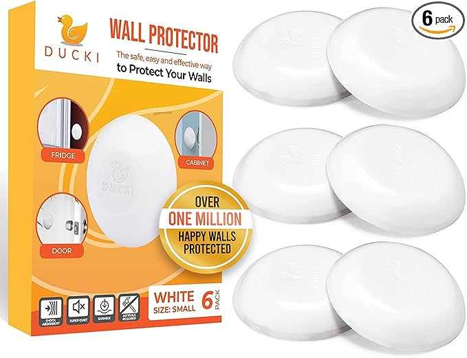 Ducki Door Stop Wall Protector | Self Adhesive Door Knob Wall Protectors from Door Knobs | Rubber Door Stoppers for Wall Damage & Noise | Durable, Shock Absorbent & Discreet | 6 Pack White Door Stops