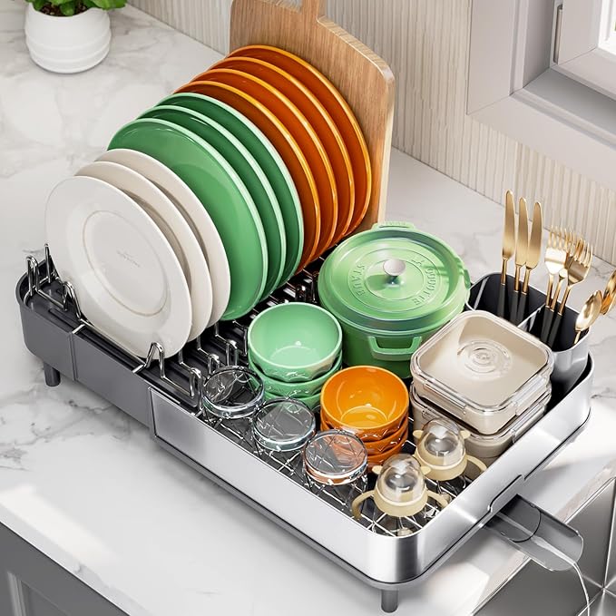 Expandable Dish Drying Rack,Foldable 304 Stainless Steel Dish Rack with Dual Parts, Extendable Dish Drainer Rack for Kitchen Counter, Dish Drying Rack with Cutlery Holder Gray