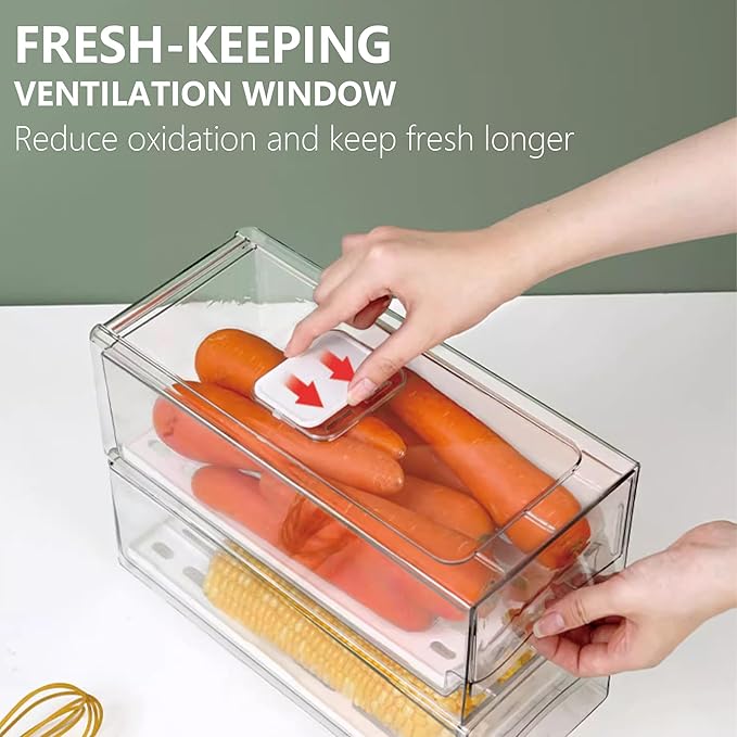 2 Pack Fruit Storage Containers for Fridge with Drain Board, Stackable Refrigerator Organizers and Storage,Reusable Food Storage Containers,Fridge Organizer Drawer for Produce,Fruit,Vegetable,BPA-Free