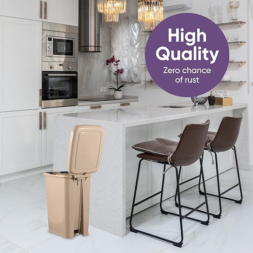 Superio Slim Step On Trash Can, Beige Waste Bin with Foot Pedal Lid 26 Liter, Kitchen, Under Desk, Office, Bedroom, Bathroom (2, 4 Gallon)