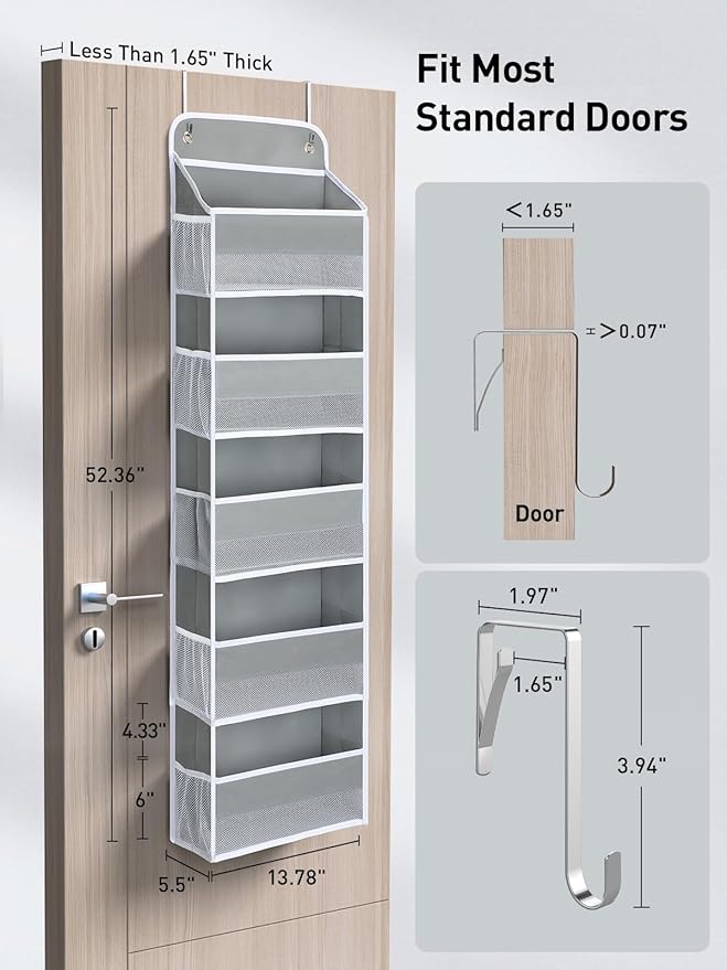 Yecaye 2 Pc Over The Door Organizer with 5 Bins 10 Side Pockets, 44lbs Load Hanging Bathroom and Bedroom Organizer, Behind The Door Hanging Organizers for Nursery Newborn Baby Essential Stuff Grey