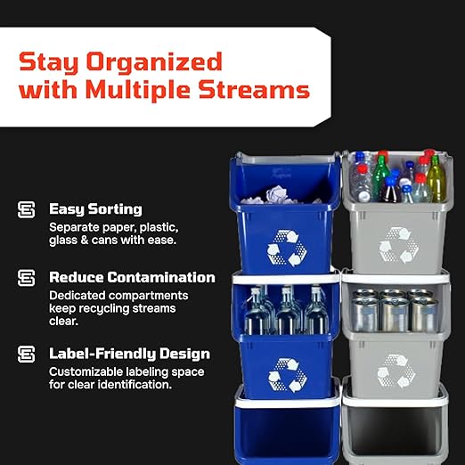 Multi Recycling Bin System with Three Stacking 6 Gallon Bins with Carrying Handles, Stackable and Compact for Offices, Homes, Garages, Businesses - (Grey, 3 Pack)