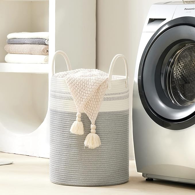 YOUDENOVA Woven Rope Laundry Hamper Basket, 58L Tall Luandry Basket, Baby Nursery Hamper for Blanket Storage, Clothes Hamper for Laundry in Bedroom-Grey